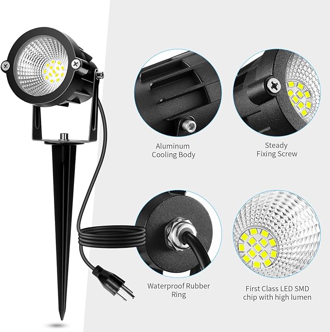 Outdoor Spotlight Cool White 6000K, 10W LED Spot Lights Outdoor for Yard Garden Tree, 120V Plug in Landscape Lighting with IP65 Waterproof for Halloween Christmas Decor, 4 Pack