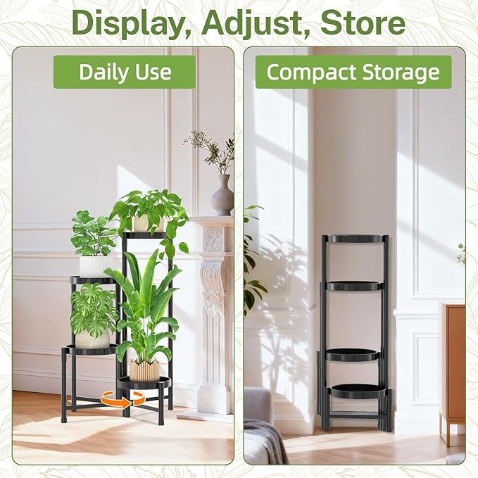 iDavosic.ly Plant Stand Indoor Outdoor, 4 Tier Corner Metal Flower Display Holder Shelf, Easy Assembly Folding Tall Orchid Rack for Patio Balcony Porch Garden Living Room House, Black