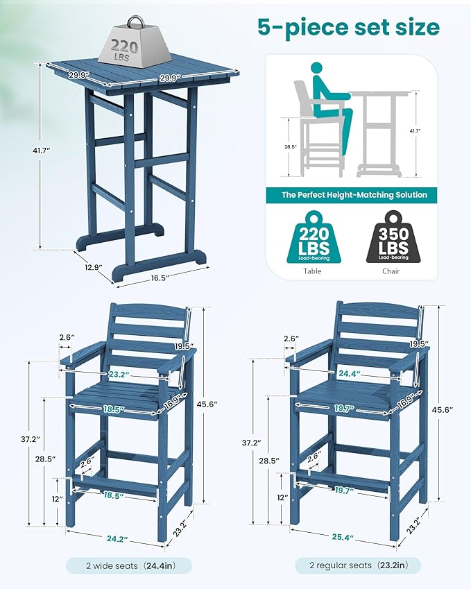 SERWALL 5-Piece Adirondack Bar Chair Set, HDPE Adirondack Barstools with Pub Table, Outdoor Patio Bar Furniture for Bistro, Balcony, Poolside, Garden - Blue