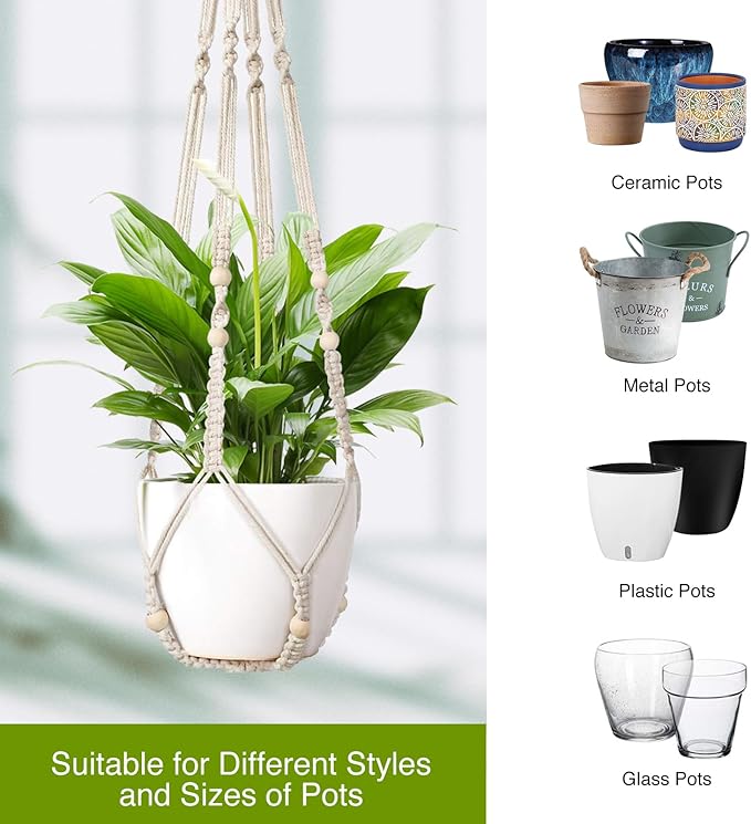 Macrame Plant Hanger Indoor Set of 2 with 4 Hooks, Indoor Outdoor Hanging Planter for Plants Holder with Decorative Wood Beads & No Tassels, Boho Home Decor, 35 Inch Ivory (Pots Not Included)