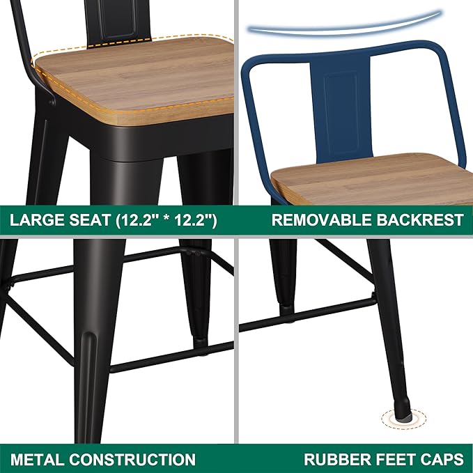 WENTMENT Metal Bar Stools Set of 2 Counter Height Barstools with Removable Back 26" Kitchen Bar Stools with Wooden Seat, Black