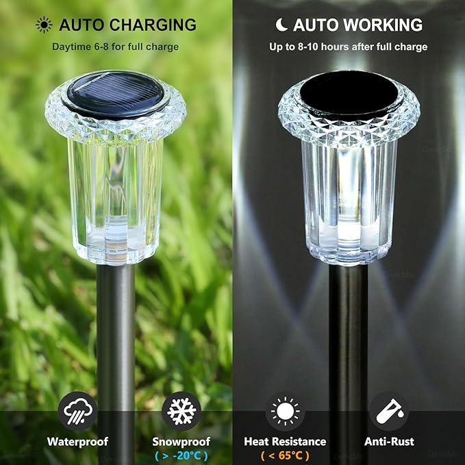 Solar Pathway Lights 10 Pack Christmas Solar Lights Outdoor Waterproof 6000K Cold White Yard Lighting, LED Stainless Steel Stake for Garden Outside Landscape Lawn Driveway Walkway Path