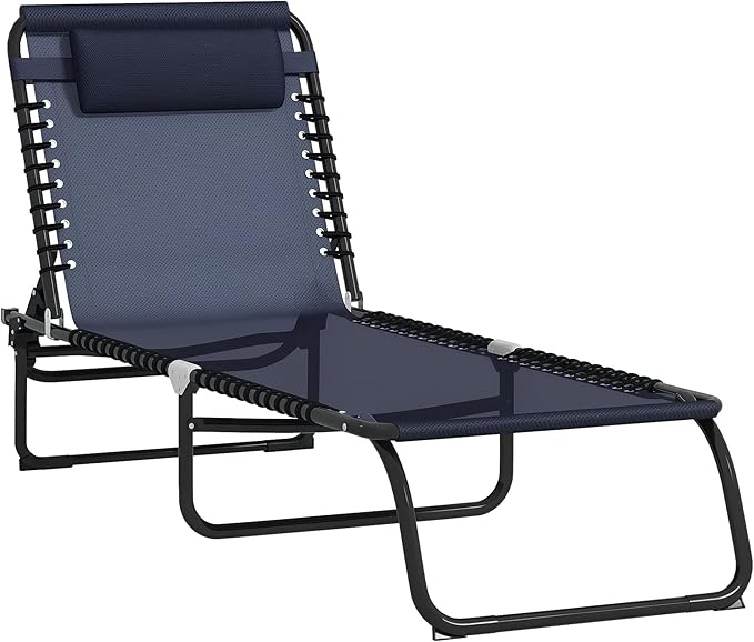 Outsunny Folding Chaise Lounge Chair, Patio Sun Tanning Chair, Outdoor Chaise Lounger with 4-Position Reclining Back, Breathable Mesh Seat for Beach, Poolside, Yard, Dark Blue