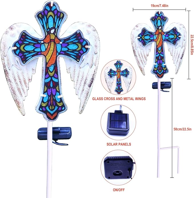 YJFWAL Solar Glass Cross Garden Stake Light, Cemetery Decorations for Grave Outdoor Lights, Easter Jesus Cross Angel Wings Sympathy Memorial Gifts, for Garden Lawn Yard Patio Decor