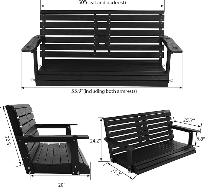 Poly Lumber 2-Seat Porch Swing, HIPS 4.5-Feet Bench Swing with Foldable Cup Holders,18/8 Stainless Steel Hardware, High Backrest and Deep Contoured Seat (Carbon Black, 4.5-feet)