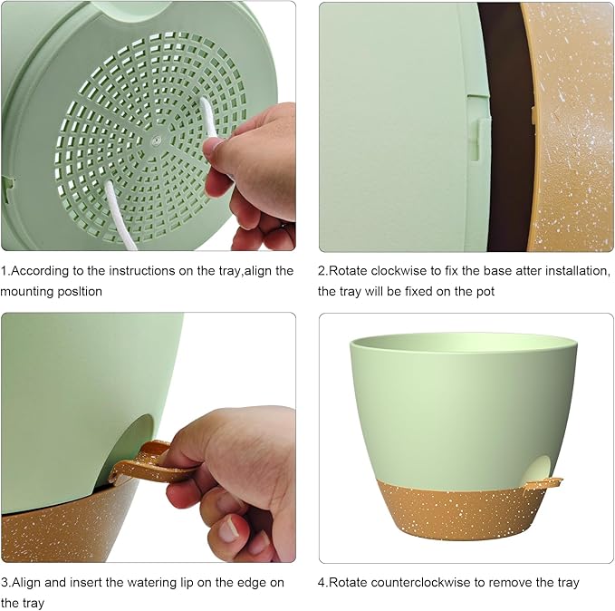 12 Inch Large Self Watering Pots, Flower Pots with Multi-Mesh Drainage Holes and Saucer, Planters for Indoor and Outdoor Garden Plants (Green with Brown)