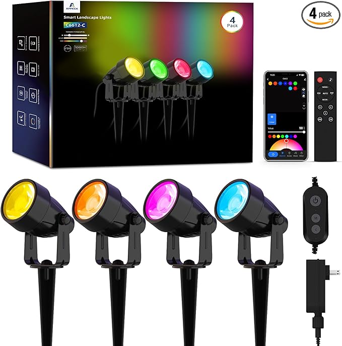 APPECK Landscape Lighting, RGBW Color Changing Low Voltage Landscape Lights with APP Control, IP65 Waterproof Outdoor Spotlights for Garden Yard Outside Decoration, 4 Pack