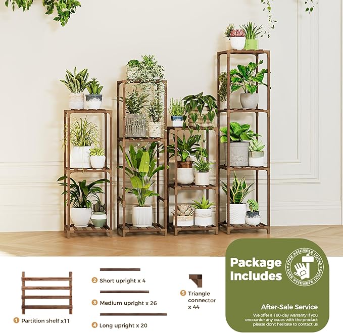 Bamworld 4 Sets Tall Plant Stands Indoor Outdoor Combo Plant Shelves Wooden Plant Holder Rack for Multiple Plants Flower Stands for Living Room Balcony Garden Patio Lawn Window