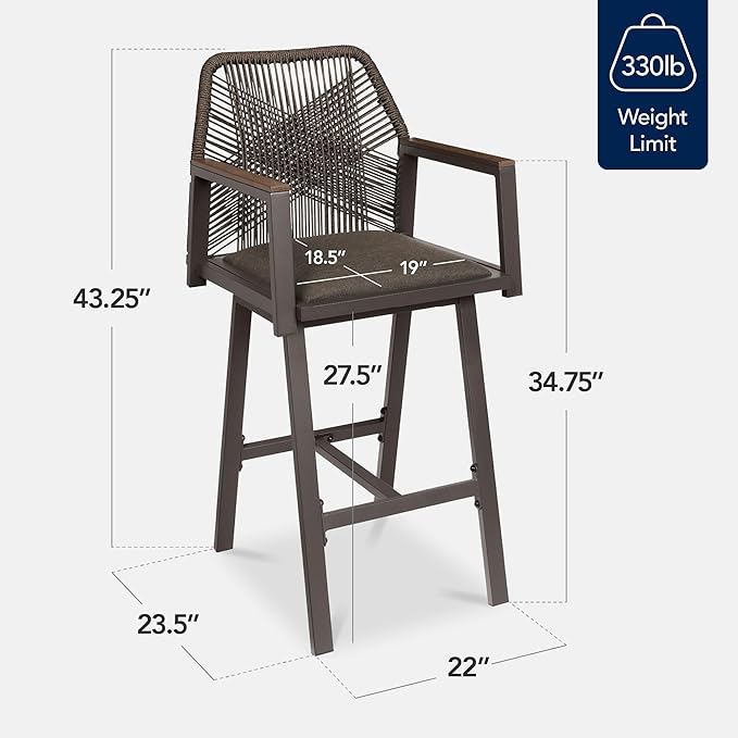 Best Choice Products Outdoor Bar Stools Set of 2, Bar Height, 360° Swivel Aluminum Frame, All-Weather Woven Rope Chair Design w/Armrests - Brown/Mocha