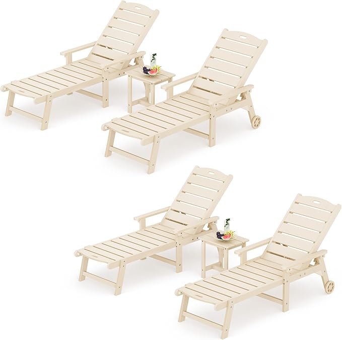 LUE BONA Chaise Lounge Chair with Table, 6-Piece, HDPS Chaise Lounger, 5 Positions Adjustable Lounge Chairs, Pool Lounge Chair with Wheels for Poolside, Backyard, Sand