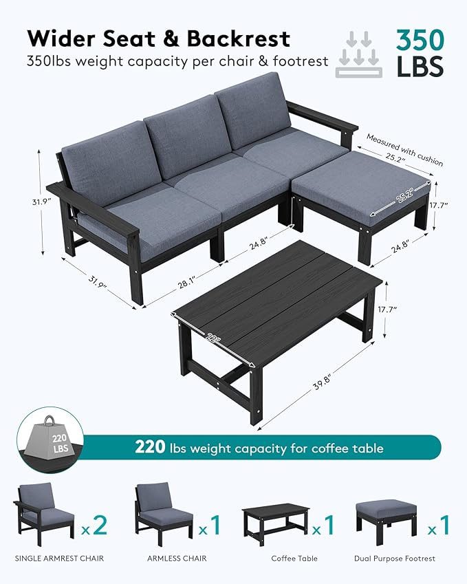 SERWALL Outdoor Sectional Sofa Set, 5-piece Outdoor Modula Couch Set with Ottoman, All Weather Patio Furniture Set with Chaise for Deck, Lawn, Black Frame with Gray Cushion