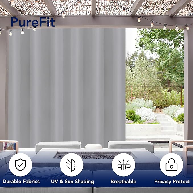 PureFit Outdoor Curtains for Patio Waterproof Weatherproof, UV Resistant Outside Curtains for Gazebo, Front Porch, Pergola, Sun Blocking Privacy Curtain, 100W x 84L inch, 1 Panel, Light Gray