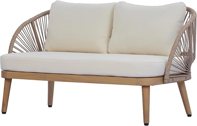 Merax 4-Piece Acacia Wood Patio Conversation Set - Curved Tub Loveseat & Chairs with Woven Rope Accents,Slatted Coffee Table & Weather-Resistant Cushions for Outdoor Deck,Garden or Balcony,Teak+ Beige