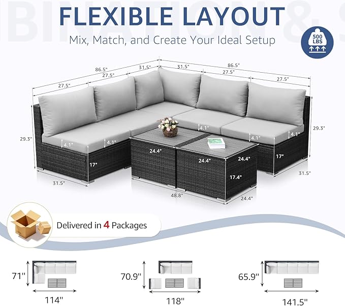 NICESOUL 7 Pieces Comfy 29.3'' High Back Outdoor Furniture Sofa Set, Extra Large Size Grey PE Wicker Patio Modular Sectional with Side Tables, All-Weather Rattan Conversations for Backyard Deck,Gray