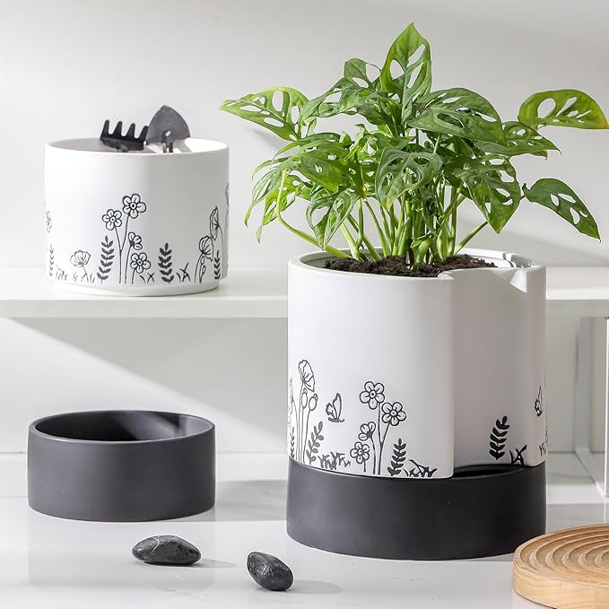 Nihow Self Watering Plant Pot: 8 Inch Ceramic Planter with Drainage Hole & Water Storage Plus for Indoor & Outdoor Plants - Cylinder Round Flower Pot for Succulent/Herbs/Violets - White