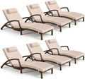 Chaise Lounge Chairs Outdoor Set of 6, Comfy Outside Wicker Patio Pool Lounge Chair w/ 5 Adjustable Back Angle, Cup Holder, Thicken Cushion