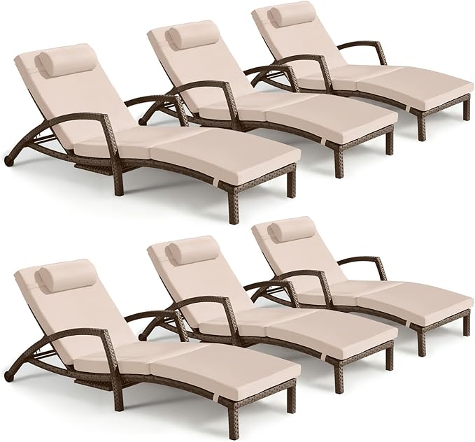 Chaise Lounge Chairs Outdoor Set of 6, Comfy Outside Wicker Patio Pool Lounge Chair w/ 5 Adjustable Back Angle, Cup Holder, Thicken Cushion