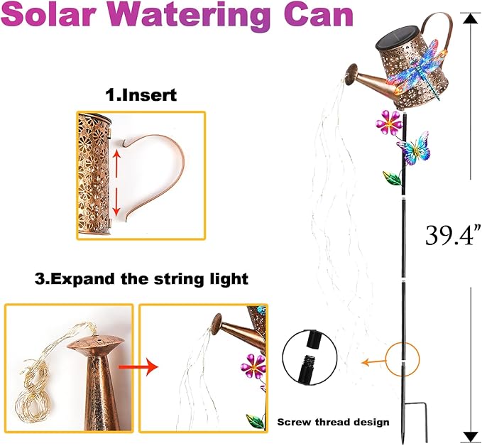 Solar Watering Can with Lights Outdoor Garden, 41in Large Dragonfly Garden Stake Lights, Waterproof Decoration for Yard Lawn Pathway, Gifts for Mom Grandma Women Birthday Gardening Gift