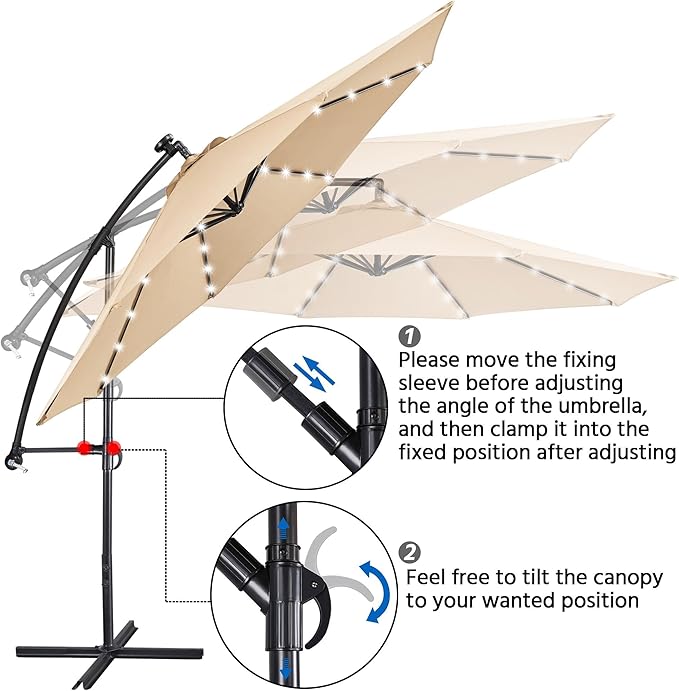 Yaheetech 10FT Solar Offset Umbrella with 32 LED Lights Cantilever Hanging Outdoor Umbrellas Handy Crank & Cross Base for Lawn/Deck/Backyard/Pool Tan