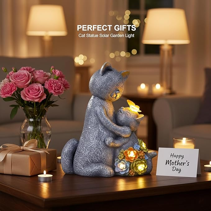Solar Garden Statues Loving Cat Figurine Lights for Outside, Yard Decorations Outdoor, Garden Decor Unique Mothers Day Birthday Housewarming Gifts for Mom, Women, Lover