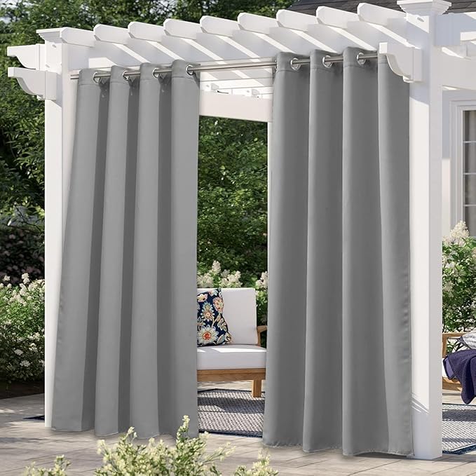 NICETOWN 120" L Outdoor Curtain for Patio Waterproof, Thermal Insulated Stainless Steel Grommet Blackout Outdoor/Indoor Curtain Privacy Protect for Landscape, 1 Panel, 52" Wide, Silver Grey