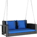 VINGLI Heavy Duty 800 LBS Wicker Hanging Porch Swing with Cushions & Chains, 4FT Outdoor Rattan Swing Bench for Garden, Yard, Lawn (Black+Blue)