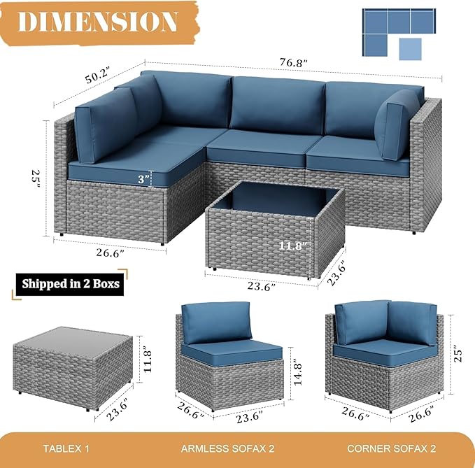 JAMFLY Patio Furniture Sets, 6-Piece Outdoor Patio Furniture with 43'' Propane Gas Fire Pit Table, Wicker Outdoor Conversation Set Sectional Sofa for Backyard, Poolside, Garden(Blue Cushion)