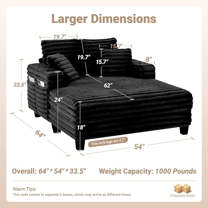 64" Chaise Lounge Chair Indoor, Oversized Sleeper Chair with Wood Frame, Upholstered Sofa Bed for Living Room, Movie Room, Bedroom with 4 Storage Pockets&2 Cup Holders(Plush Corduroy, Black)
