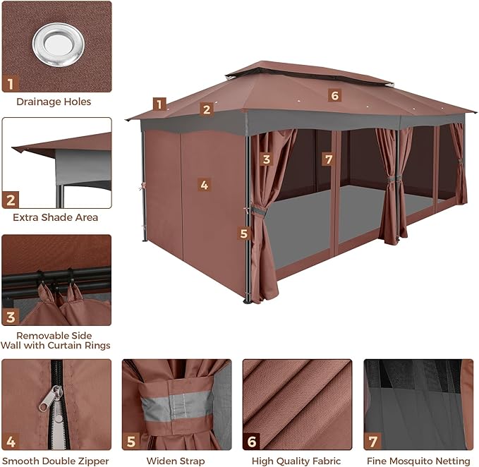 COBIZI Gazebo 12x20 Heavy Duty Gazebos with Curtain and Netting Outdoor Gazebo Canopy Double Roof Patio Gazebos with Metal Steel Frame for Patio, Deck, Backyard-Brown