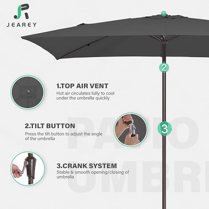 JEAREY 6.5x10 ft Rectangular Patio Umbrellas Rectangle Outdoor Umbrella with Push Button Tilt and Crank, Market Table Umbrella 6 Sturdy Ribs UV Protection for Poolside Garden Backyard Deck, Gray