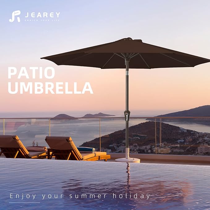 JEAREY 9FT Outdoor Patio Umbrella Outdoor Table Umbrella with Push Button Tilt and Crank, Market Umbrella 8 Sturdy Ribs UV Protection Waterproof for Garden, Deck, Backyard, Pool (Brown)