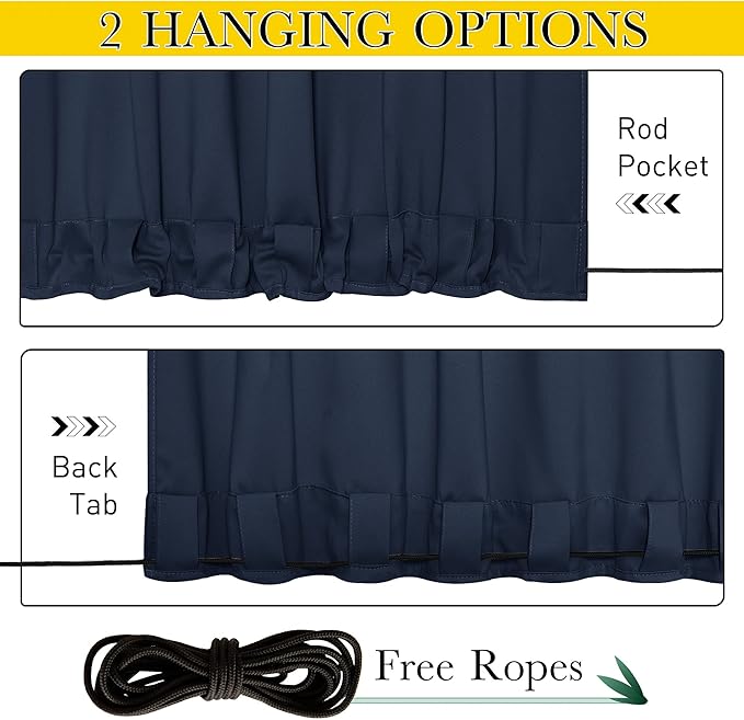 NICETOWN 2 Panels Outdoor Curtains for Patio Waterproof & Windproof, Thermal Insulated Top & Bottom Grommet & Back Tab Light Block Outdoor Drapes with Bouns Rope for Fixed, Navy Blue, W84 by L95