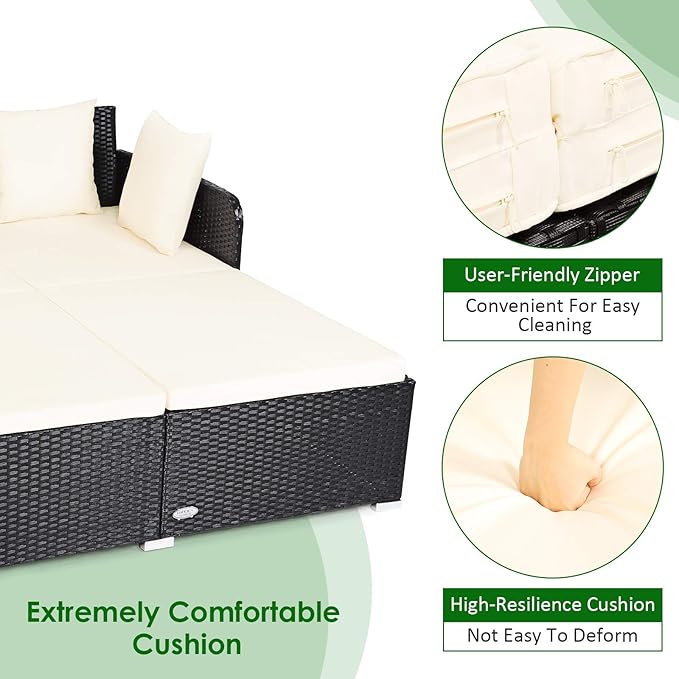 Tangkula Outdoor Rattan Daybed, Wicker Furniture with Spacious Seat, Upholstered Cushion & High-Resilience Sponge, Patio Sofa Set with 4 Pillows, 2-Person Sunbed for Poolside Backyard Garden & Balcony