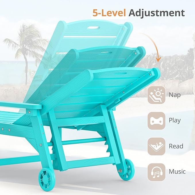 LUE BONA Chaise Lounge Chair with Table, 6-Piece, HDPS Chaise Lounger, 5 Positions Adjustable Lounge Chairs, Pool Lounge Chair with Wheels for Poolside, Backyard, Aruba Blue