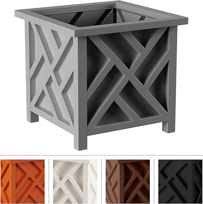 Lattice Design Outdoor Planter Box 2-Pack - 14.75” Square 13” Tall Gray Decorative Plant Pots for Front Porch Decor - Flower Pots Outdoor Planters for Porch Patio or Garden Decor by Pure Garden