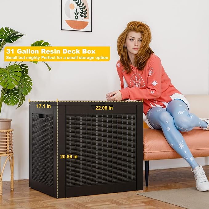 31 Gallon Outdoor Deck Box, Lockable Waterproof Outdoor Storage Boxes For Garden Tools,Indoor Cushions,Accessories Outside Storage Resin Weatherproof Container(Black)