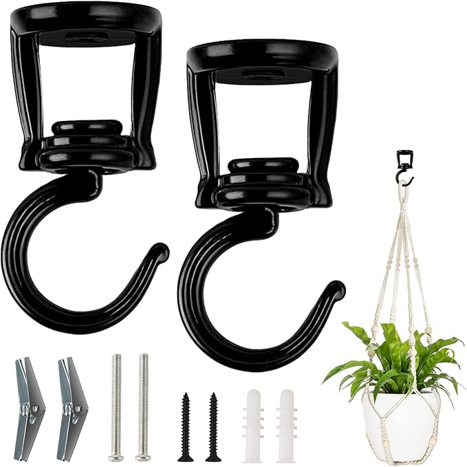 Mkono Ceiling Hooks for Hanging Plants, Heavy Duty Metal Plant Hanger for Drop Ceiling, Swag Hook for Hanging Planters, Lights, Birdfeeders, Indoor Outdoor Decorative Screw-in Hooks (Black 2 Pack)