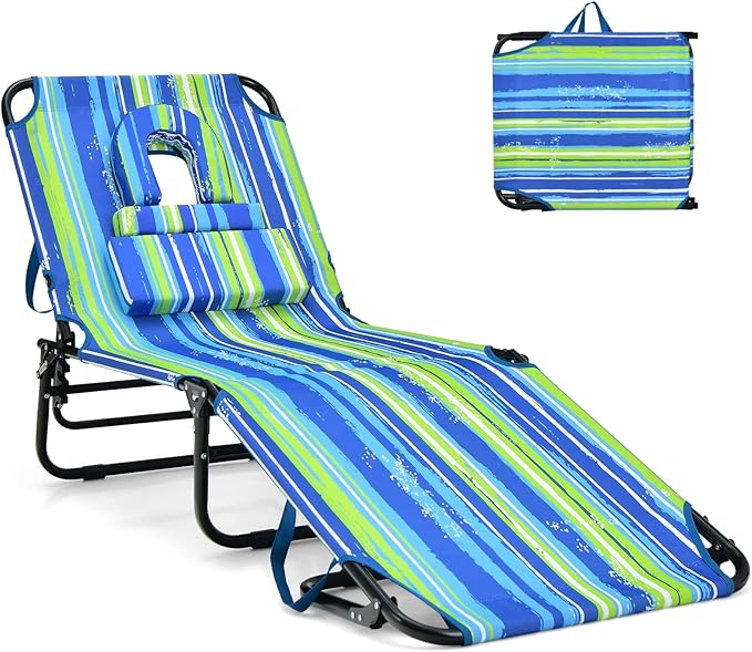 GYMAX Tanning Chair, 350lbs Beach Lounge Chair with Face Hole, Washable Pillow & Carry Strap, Adjustable Folding Chaise Lounge, Layout Chair for Outside, Patio, Poolside, Lawn (1, Stripe)