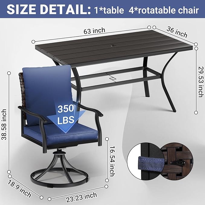 LEVELEVE 7 Piece Outdoor Patio Dining Set with 6 Swivel Dining Chairs & 1 Large Round Dining Table,Bistro Furniture Set for Lawn, Garden, Deck, Backyard and Porch