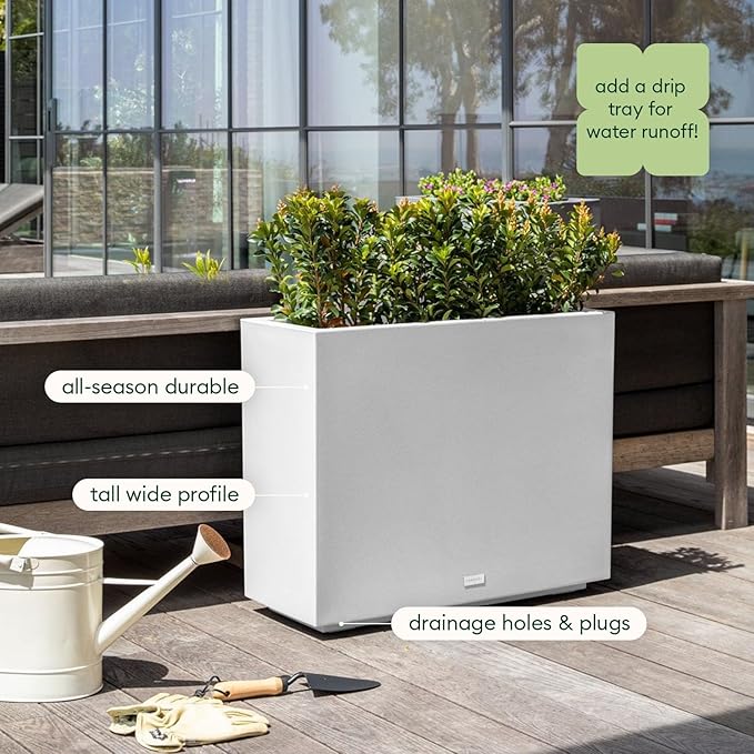 Veradek Block Series Span Plastic Planter - Tall Rectangular Planter for Indoor or Outdoor Patio/Porch, White, 24.25 in Height, 12 in Width, 30 in Length