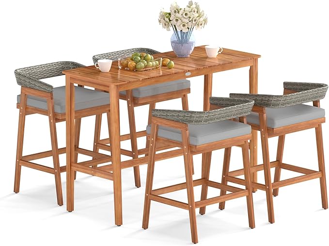 Tangkula 5 Piece Patio Bar Set, Outdoor Acacia Wood Counter Height Table with 4 Cushioned Barstools with Curved Rattan Back and Footrest, for Backyard, Poolside, Balcony