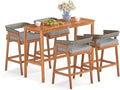 Tangkula 5 Piece Patio Bar Set, Outdoor Acacia Wood Counter Height Table with 4 Cushioned Barstools with Curved Rattan Back and Footrest, for Backyard, Poolside, Balcony
