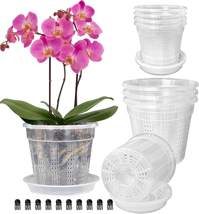 Orchid Pot with Saucers, 4 Each of 4.3",5.5" Orchid Pots with Holes, 8PcsClear Plastic Planter for Indoor Outdoor Plants (4 Each of 4.3,5.5" with Saucers)