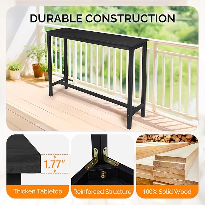 VINGLI Wooden Outdoor Bar Table, Wood Patio Counter Height Table, Weather-Resistant Patio Pub Table for Garden, Balcony, Poolside, Backyard, Indoor Use (Black, 53")