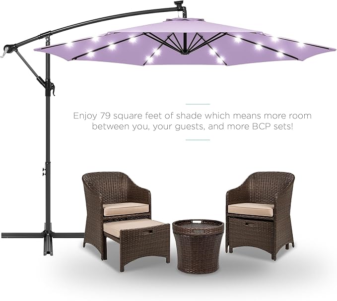 Best Choice Products 10ft Solar LED Offset Cantilever Hanging Market Patio Umbrella, 8 Sturdy Ribs, Easy Adjustment - Lavender