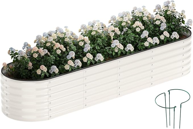 Galvanized Metal Planter Round Raised Garden Bed Kit for Gardening Outdoor Garden Box Raised Flower Bed 1PC White 8X2X1FT