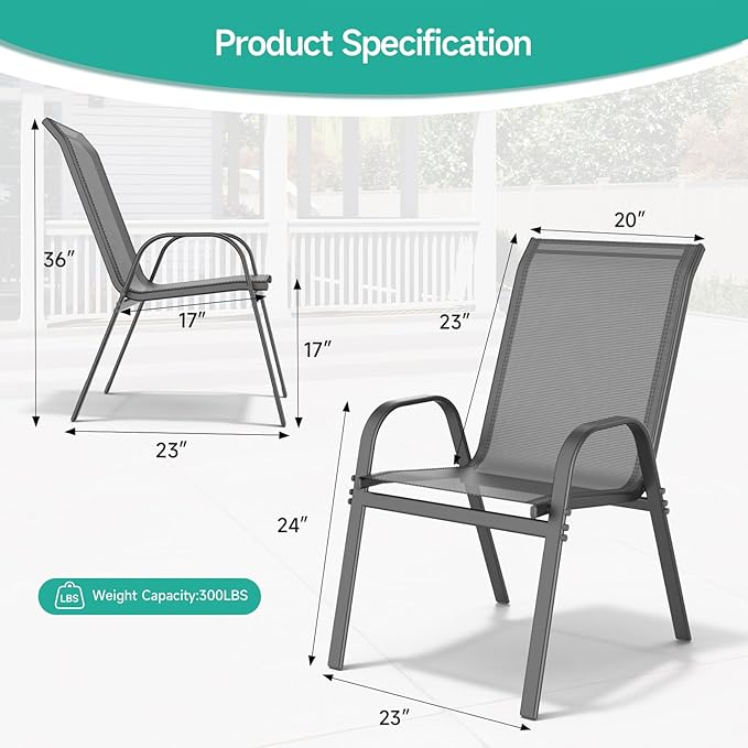 Patio Chairs Set of 2, All Weather Breathable Stackable Outdoor Dining Chairs with High Back and Wide Seat, Easily Set Up Outdoor Chairs Set of 2 with Metal Frame for Backyard Garden Pool, Grey
