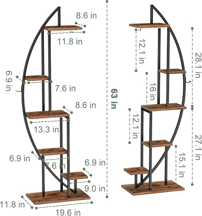 Plant Stand Indoor with Grow Lights, 6 Tiered Tall Plant Shelf, 63" Metal Plant Stand for Indoor Plants Multiple, Half-Moon Plant Rack Display Shelf, 2 Pcs Plant Holder for Living Room, Patio