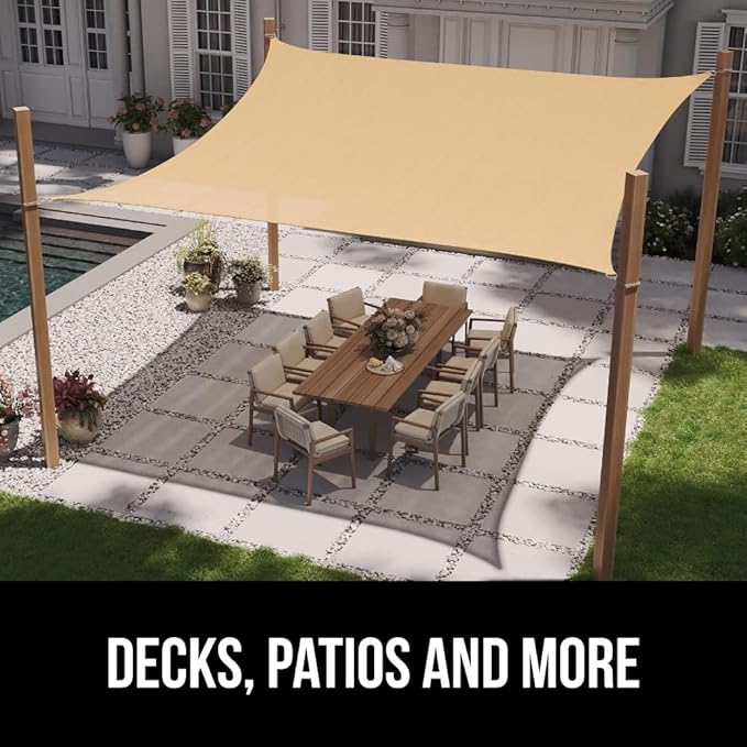 GORILLA GRIP Heavy Duty Sun Shade, UV Protection Fade Tear and Rust Resistant Rectangle Sunshade Canopy, Curved Edges Blocks Sunlight, Breathable Sail, Outdoor Patio, Lawn Garden 12x12 FT Sand