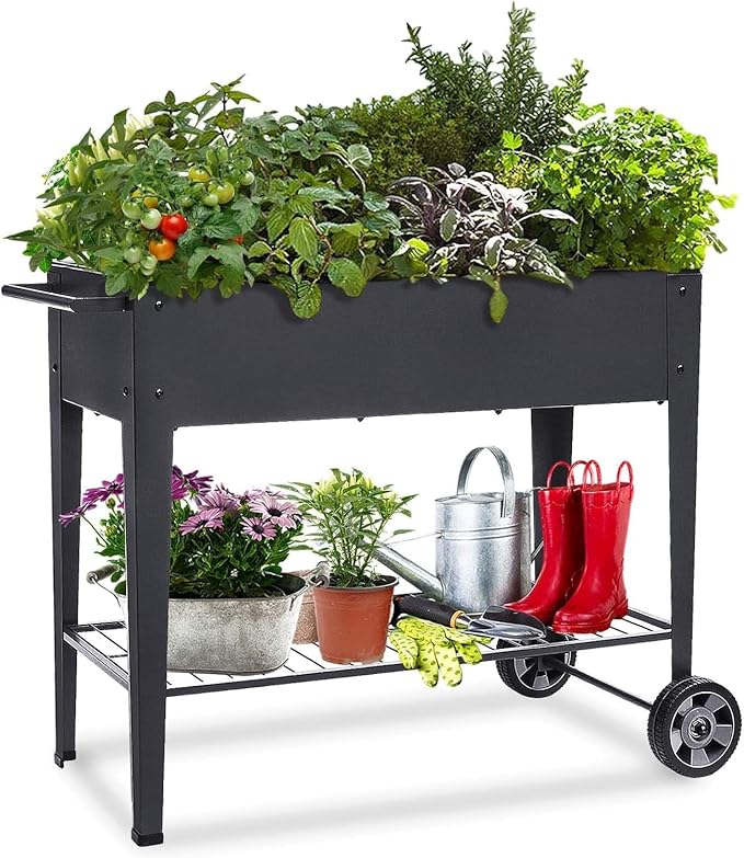 31.5" Tall Raised Garden Bed with Wheels, Extra 15.7" W Planter Box (400 lbs Loads) with Storage Shelf & Handle,Heavy Duty Metal Garden Planter for Vegetables, Herbs & Flowers, Patio & Balcony